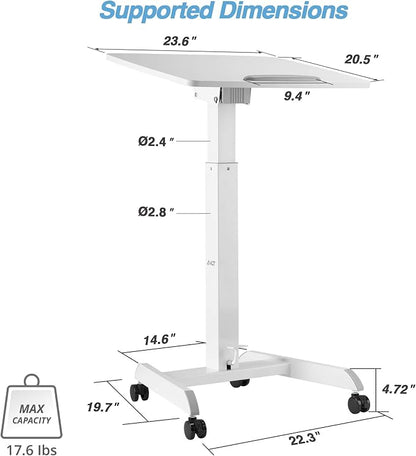 AVLT 47" Height Adjustable Mobile Workstation with Tilting Desk - White | 3 ft 11 inches - Foot Pedal Pneumatic Standing Desk Cart - Mobile Laptop Cart - Mobile Cart with Brake Casters