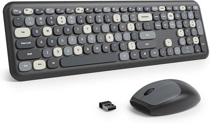 Surmen Colorful Black Quiet Keyboard and Mouse Wireless, Full-Size Girly Slient Keyboard Retro Typewriter Low-Noise 2.4GHz for Computer, Desktop, Laptop (X110-Blend Gray)