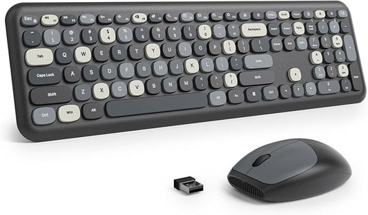 Surmen Colorful Black Quiet Keyboard and Mouse Wireless, Full-Size Girly Slient Keyboard Retro Typewriter Low-Noise 2.4GHz for Computer, Desktop, Laptop (X110-Blend Gray)