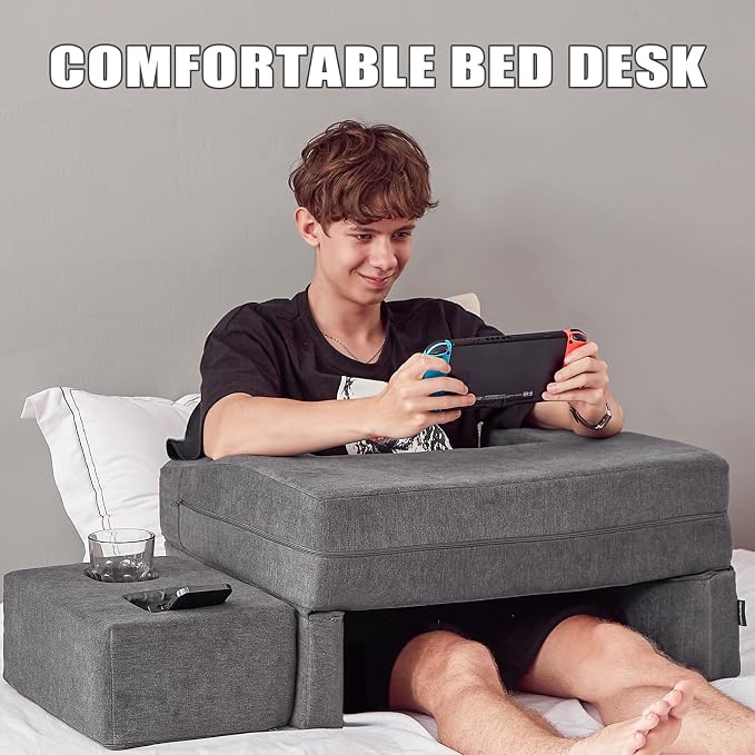 comehealthy Lap Desk Pillow for Laptop, Large Reading Pillow for Adult, Arm Rest Pillow with Cup Holder, Memory Foam Bed Desk for Working, Gaming, Reading, Laptop Desk for Couch Bed Floor(Grey)