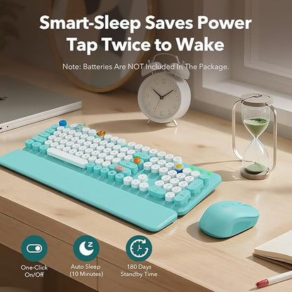 Wireless Keyboard and Mouse Combo, Full-Size Retro Typewriter Keyboard with Round Keycaps, Magnetic Wrist Rest, Tilt Legs, 2.4GHz Cordless for Mac, Windows PC, Laptop, SABLUTE CK23, Robin Egg Blue