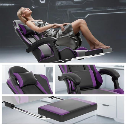 Athena Collection Gaming Chair, Ergonomic Gaming Chair with Footrest & Headrest Lumbar Support, Height Adjustable Swivel Computer Chair Office Chair for Adults(Purple)