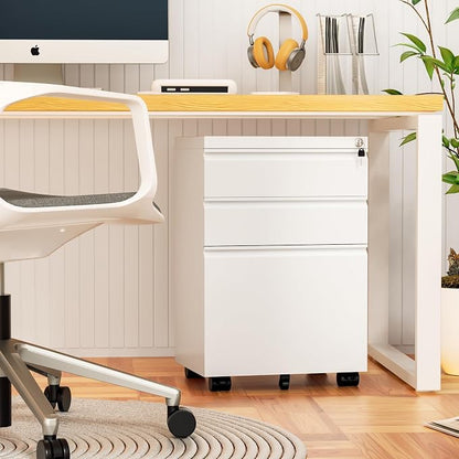 Bonusall 【Fully Assembled 3 Drawer White File Cabinet, Fully Assembled Metal Rolling Filing Cabinet with Lock, Under Desk Drawer Filing Cabinets for Home Office Fit A4/Letter/Legal