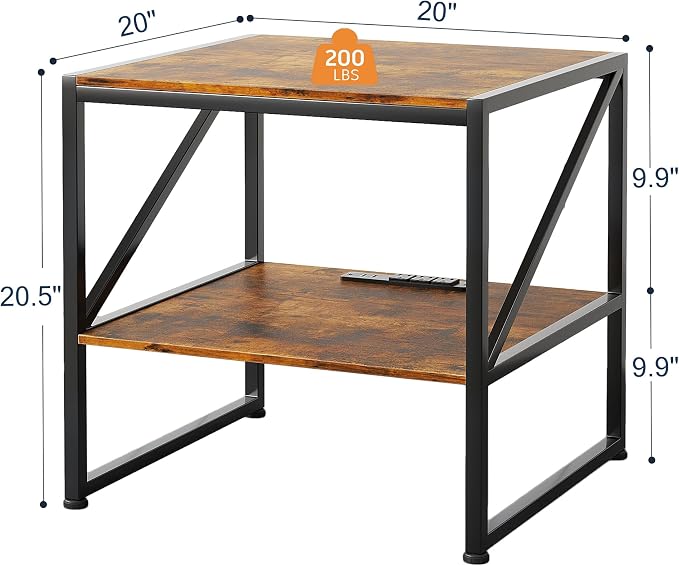 2-Tier Large Priner Stand with Charging Station, 20"×20" Under Desk Printer Table with Power Outlets and USB Ports for Office, Mini Fridge Stand, Storage Shelf for Scanner Fax Machine, Rustic Brown
