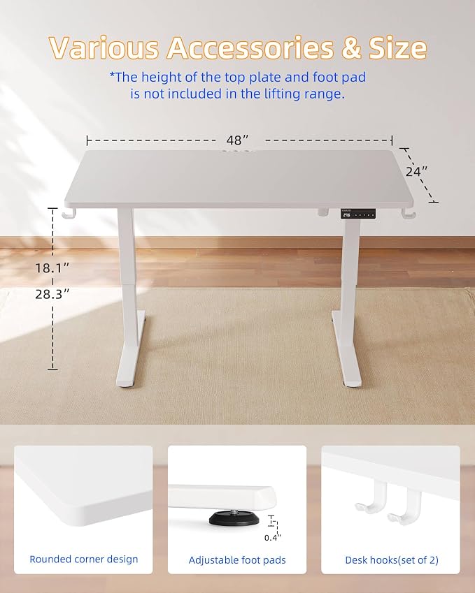 YIHAYO One-Piece Low Height Adjustable Desk, Lifts 18.1-28.3 Inches, Electric Standing Desk for Short People, 48 x 24 Inches Computer Table with Splice Board for Home Office, White