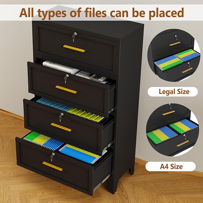 Metal Lateral File Cabinet with Lock,4 Drawer Steel Wide Filing Organization Storage Cabinets for Legal/Letter/A4/F4 Size with Hanging Files&Key,Lockable Printer Stand for Home Office, Black