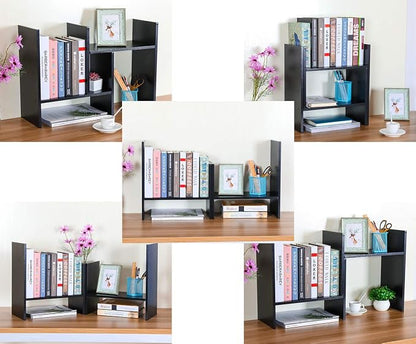 PAG Adjustable Desktop Shelf Wood Small Bookshelf Desk Supplies Organizers and Accessories Storage Display Rack Office Decor, Black