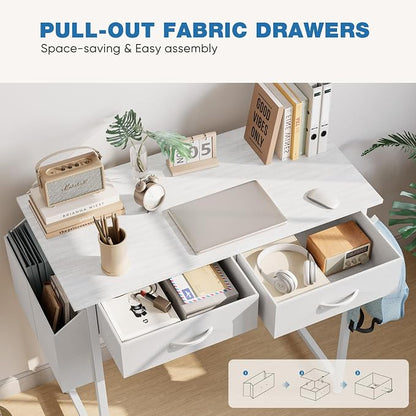 OLIXIS 32 Inch Small Desk with Fabric Drawers for Home Office, Gaming Computer Desk with Side Bag & Headphone Hook, Writing Study Work Table for Bedroom Small Space, Natural White