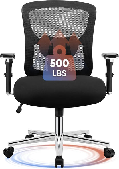 Sweetcrispy Big and Tall Office Desk Chair with Lumbar Support, 500lbs Heavy Duty Mesh Ergonomic Computer Chair with 4D Armrest and Wide Comfy Seat, Wheels for Adult, Black