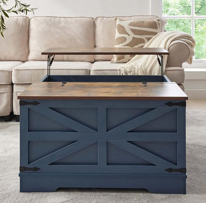 Farmhouse Coffee Table and End Table Sets of 3, 3 Piece Living Room Tables Set with Charging Station, Lift Top Coffees and 2 Large Side, Wood Furniture Sets with Storage, Blue