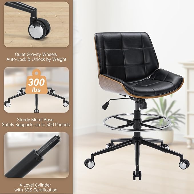 Drafting Office Chair Ergonomic Executive Computer Standing Desk Chair with Adjustable Height and Footrest Ring, Drafting Chair for Counter Height Desk and Drawing (Black)