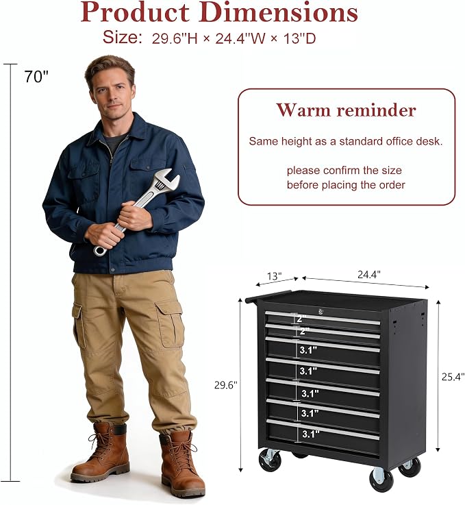 RYH 7 Drawers Rolling Tool Chest & Tool Box on Wheels | Heavy Duty Metal Cart with Ball Bearing Drawers | Fits US General Tool Box for Garage Storage (Black, 7 Drawers（29.6" H × 24.4" W × 13" D)