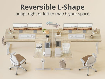 TIQLAB L Shaped Standing Desk Adjustable Height, Reversible Electric Corner Standing Desk, 63 x 55 inch Sit Stand Computer Table with Splice Board, Maple