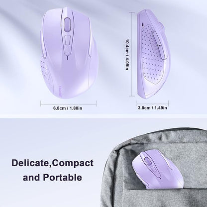 TECKNET Wireless Mouse, 2.4G Ergonomic Optical Mouse, Computer Mouse for Laptop, PC, Computer, Chromebook, Notebook, 6 Buttons, 24 Months Battery Life, 2600 DPI, 5 Adjustment Levels - Lavender