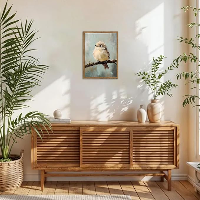 Framed Vintage Bird Wall Art, Small Bird Rustic Wall Decor Pictures, Cute Animal Canvas Art Prints Farmhouse Cottagecore Paintings for Kid's Room Bathroom Bedroom Kitchen Living Room 8x10 In