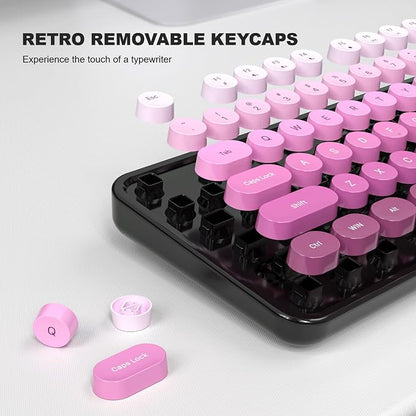 MOWUX Computer Keyboard Wired, Plug and Play USB Retro Round Typewriter Keyboard, Full Size Wired Keyboard with Foldable Stands for Laptop and Office PC- Black Pink Gradient