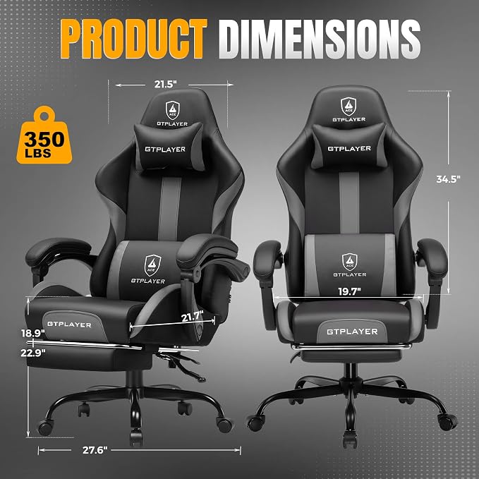 GTPLAYER Gaming Chair with Pocket Spring Cushion, Leather Office Chair with Ergonomic High Back & Lumbar Support for Back Pain Relief, Computer Game Chair for Adults, Gray