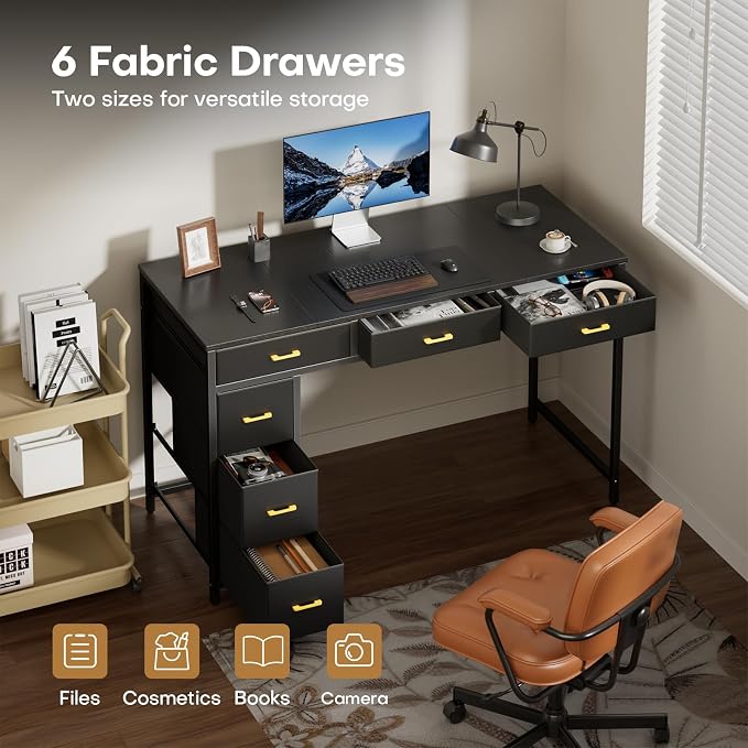 HLDIRECT 47" Computer Desk with 6 Drawers, Home Office Desk with Large Storage for Home Office,Gaming,Writing Study,Work (Black)