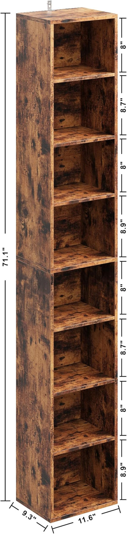 IRONCK Tall Narrow Bookshelf 8 Tiers, Compact Corner Bookcase, Floor Standing Display Storage Shelves 71 in Tall, Easy to Match for Living Room, Office, Study, Bedroom