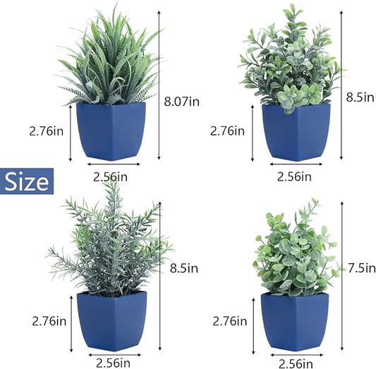 summer flower Set of 4 Fake Plants in Pot Small Artificial Eucalyptus Potted Plant Mini Wheat Grass Ferns Faux Greenery for Home Indoor Office Table Bathroom Farmhouse Decorations Blue