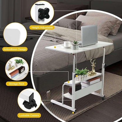 Adjustable Table Student Computer Portable Home Office Furniture Small Spaces Sofa Bedroom Bedside Desk Learn Play Game Desk on Wheels Movable with Storage Table Size 31.5 * 15.7 Inch,White D