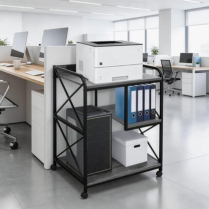 Printer Stand with Storage Shelf, Large Printer Table with Wheels for Home Office, 23 x 18 Inch Printer Shelf with Power Outlet USB Port, Computer Tower Stand, Grey