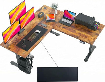 farexon L Shaped Standing Desk Adjustable Height, 63 x 55 Inch Corner Stand up Desk for Home Office with 39x18 in Mouse Pad, Electric Standing Computer Workstation with Headphone Hook, Rustic Brown
