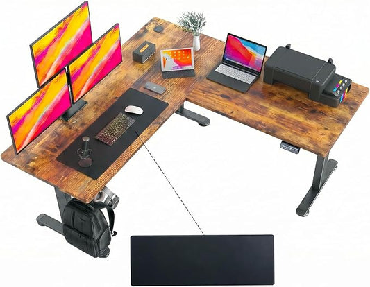 farexon L Shaped Standing Desk Adjustable Height, 63 x 55 Inch Corner Stand up Desk for Home Office with 39x18 in Mouse Pad, Electric Standing Computer Workstation with Headphone Hook, Rustic Brown
