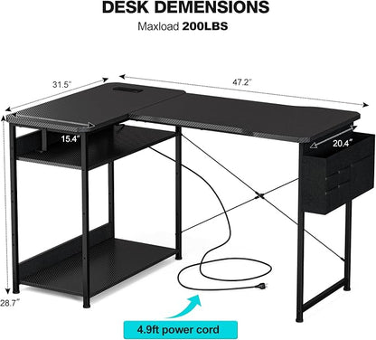 Acrolix L Shaped Gaming Desk 48 Inch - Computer Corner Desk with Power Outlets, Reversible Shelves & Storage Bag for Home Office, PC Gaming Table, Black Carbon