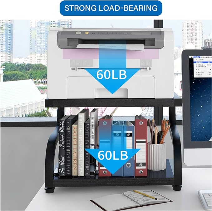 PUNCIA 2 Tier Wood Printer Stand with Storage Heavy Duty Desktop Shelf | Black Modern Minimalist Style Fits Laser Printers Copiers Fax Machines, Organizer for Home Office Dorm Small Spaces