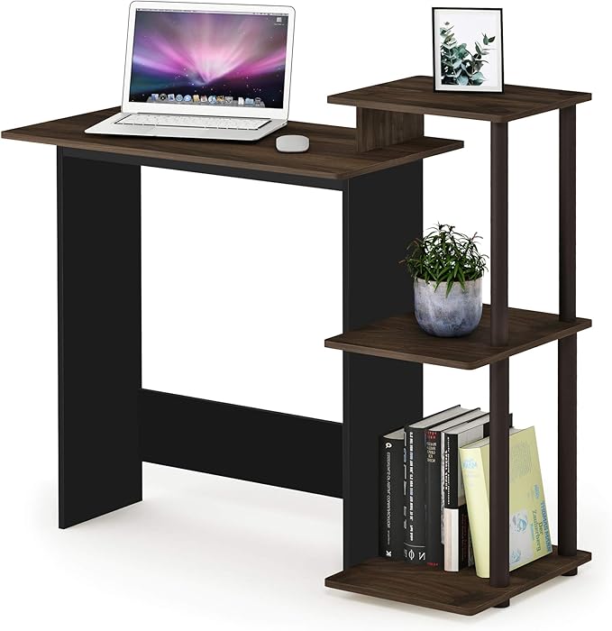 Furinno Efficient 29-Inch Brown Computer Desk, Office Desk with 3 Side Shelves, Rectangular Home Office Desk, Gaming Desk for Home Office, Bedroom, Study Room, Brown Walnut