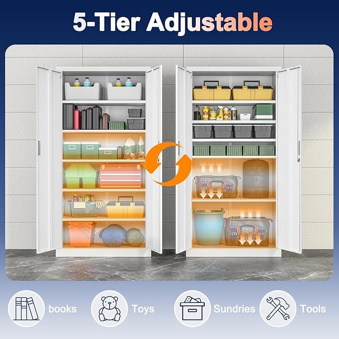 71" H Tall Metal Storage Cabinet with Lock and 5 Adjustable Shelves, Metal Garage Storage Cabinet for Home, Office, Garage, Warehouse Organize, White