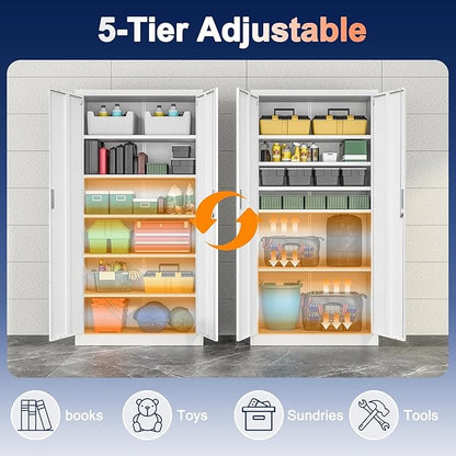 71" H Tall Metal Storage Cabinet with Lock and 5 Adjustable Shelves, Metal Garage Storage Cabinet for Home, Office, Garage, Warehouse Organize, White