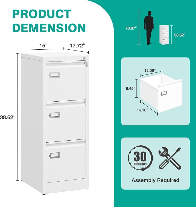 SISESOL 3 Drawer File Cabinet with Lock and Tag,Narrow Three Drawer Filing Cabinet,Vertical Metal File Cabinets,Small White Filing Cabinets for Home Office Fit Letter/A4/Legal Size File,Easy Assembly