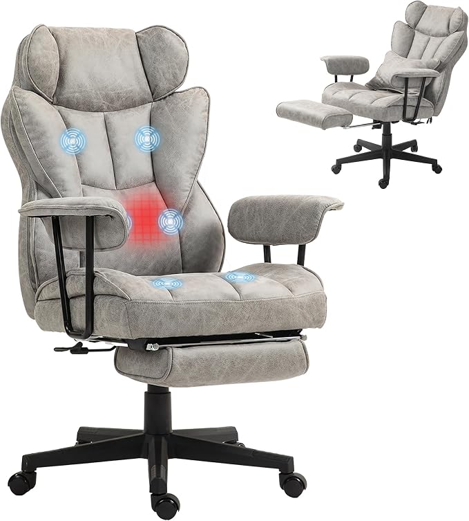 HOMCOM Massage Executive Office Chair with 6 Vibration Points, 400LBS Heated Big and Tall Office Chair with Foot Rest and Lumbar Support, Microfiber Reclining Computer Desk Chair, Gray