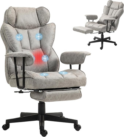 HOMCOM Massage Executive Office Chair with 6 Vibration Points, 400LBS Heated Big and Tall Office Chair with Foot Rest and Lumbar Support, Microfiber Reclining Computer Desk Chair, Gray