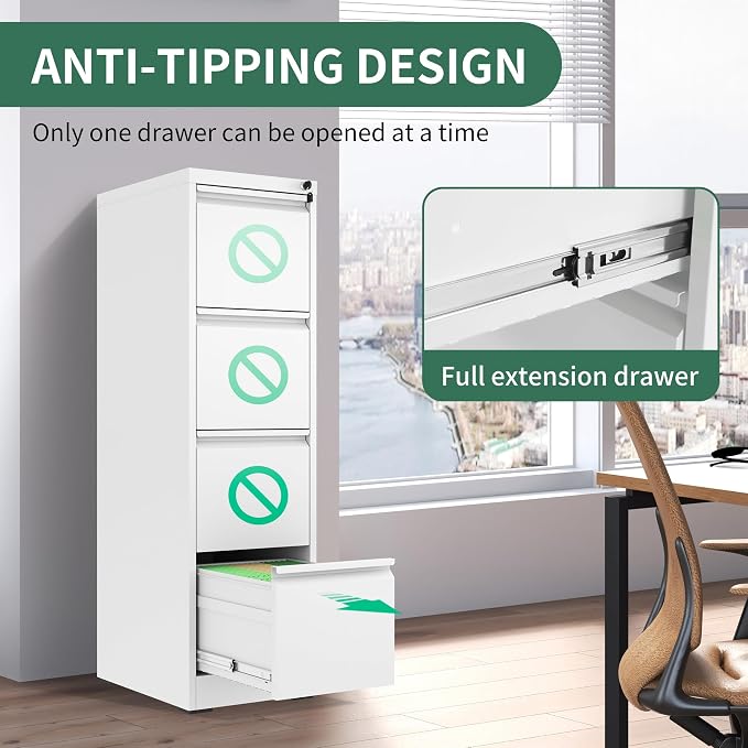 4 Drawer File Cabinet, Vertical File Cabinets with Lock for Home Office,Heavy Duty Office Steel Filing Cabinet for Hanging Letters/Legal/A4, Assembly Required (White)