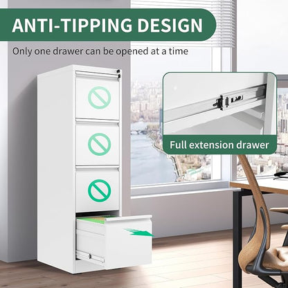 4 Drawer File Cabinet, Vertical File Cabinets with Lock for Home Office,Heavy Duty Office Steel Filing Cabinet for Hanging Letters/Legal/A4, Assembly Required (White)