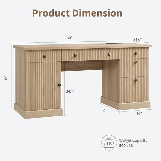 Garvee 60" Office Desk with Storage & Drawers, Fluted Wood Executive Desk with File Drawer & Charging Station, Modern Computer Desk with Adjustable Shelves for Home Office, Oak