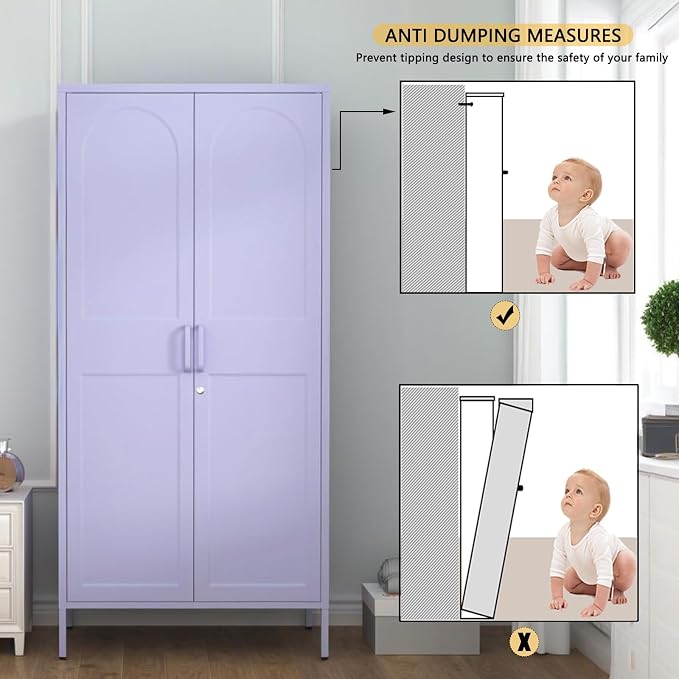 Lockable Metal Wardrobe Closet with Hanging Rod and 3 Adjustable Shelves,67" Metal Storage Cabinet with 2 Doors,Steel Armoire Wardrobe Closet for Bedroom Living Room Cloak Room (Purple)