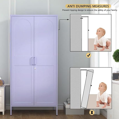 Lockable Metal Wardrobe Closet with Hanging Rod and 3 Adjustable Shelves,67" Metal Storage Cabinet with 2 Doors,Steel Armoire Wardrobe Closet for Bedroom Living Room Cloak Room (Purple)