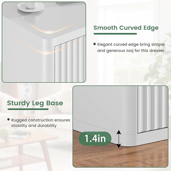 White Nightstand with 3 Drawers, Fluted Nightstand with Large Storage, Modern Handleless Design Bedside Table for Bedroom, End Table for Living Room, Unique Curved Profile Side Table
