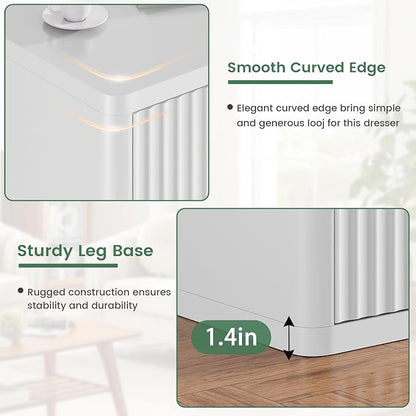 White Nightstand with 3 Drawers, Fluted Nightstand with Large Storage, Modern Handleless Design Bedside Table for Bedroom, End Table for Living Room, Unique Curved Profile Side Table