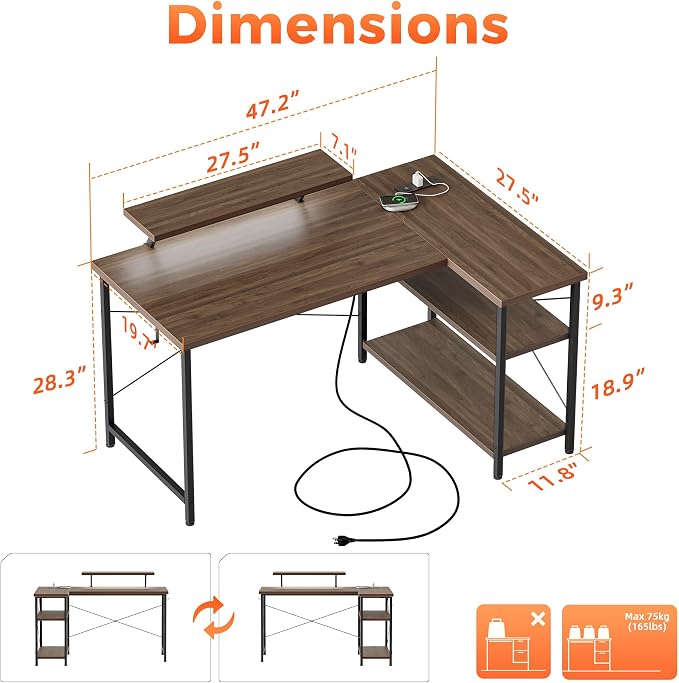 Mericonia Small L Shaped Computer Desk with Power Outlets, Reversible Gaming Desk with Storage Shelves & Monitor Stand, Corner Gamer Desk Table, Study Writing Table