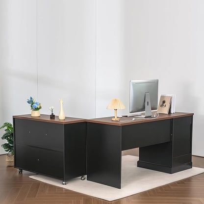 60" Professional Office Desk with 40" Mobile File Cabinet,Business Desk with Charging Station,L Shaped Executive Desk Set for Office Work,Home Study