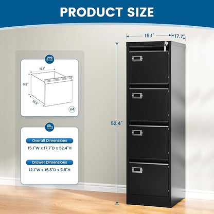 PEUKC 4 Drawer File Cabinet, Vertical Filing Cabinets with Lock, Metal File Cabinets for Home Office, Anti-Tip 4 Storage Drawers for Letter/Legal/A4/F4 Size (Assemble Required, Black)