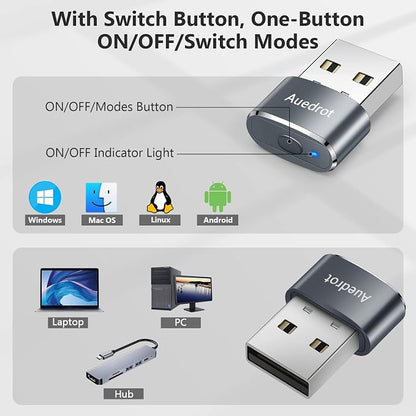 AUEDROT Mouse Jiggler Undetectable Metal USB Mouse Mover with Switch Button, Automatic Mini Mouse Shaker with 2 Jiggle Modes, Plug and Play, Keep Computer/Laptop Awake, Gray, 2 PCS