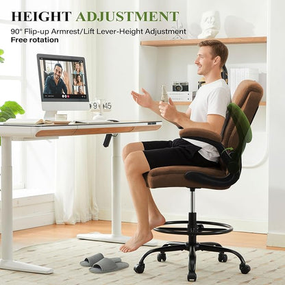 Drafting Chair Tall Office Chair for Standing Desk, Ergonomic Tall Desk Chair with Adjustable Foot Ring, Flip-Up Armrests, Lumbar Support, Comfortable Fabric Seat – Ideal for Home and Office Use