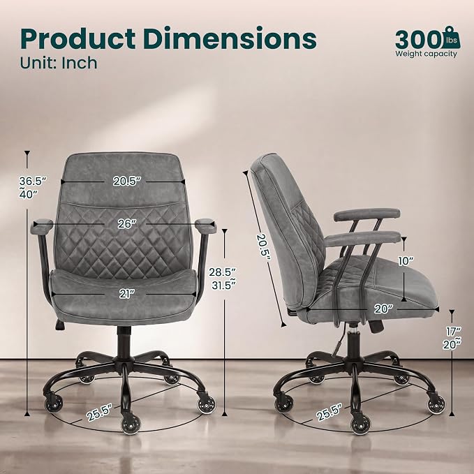 NEO CHAIR Ergonomic Leather Office Desk Chair with Adjustable Armrests Mid Back Lumbar Support Swivel Executive Computer Chair with Wheels Comfy Home Office Chair for Adults (Grey)