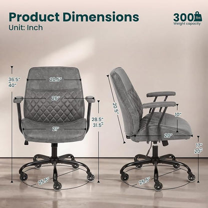 NEO CHAIR Ergonomic Leather Office Desk Chair with Adjustable Armrests Mid Back Lumbar Support Swivel Executive Computer Chair with Wheels Comfy Home Office Chair for Adults (Grey)